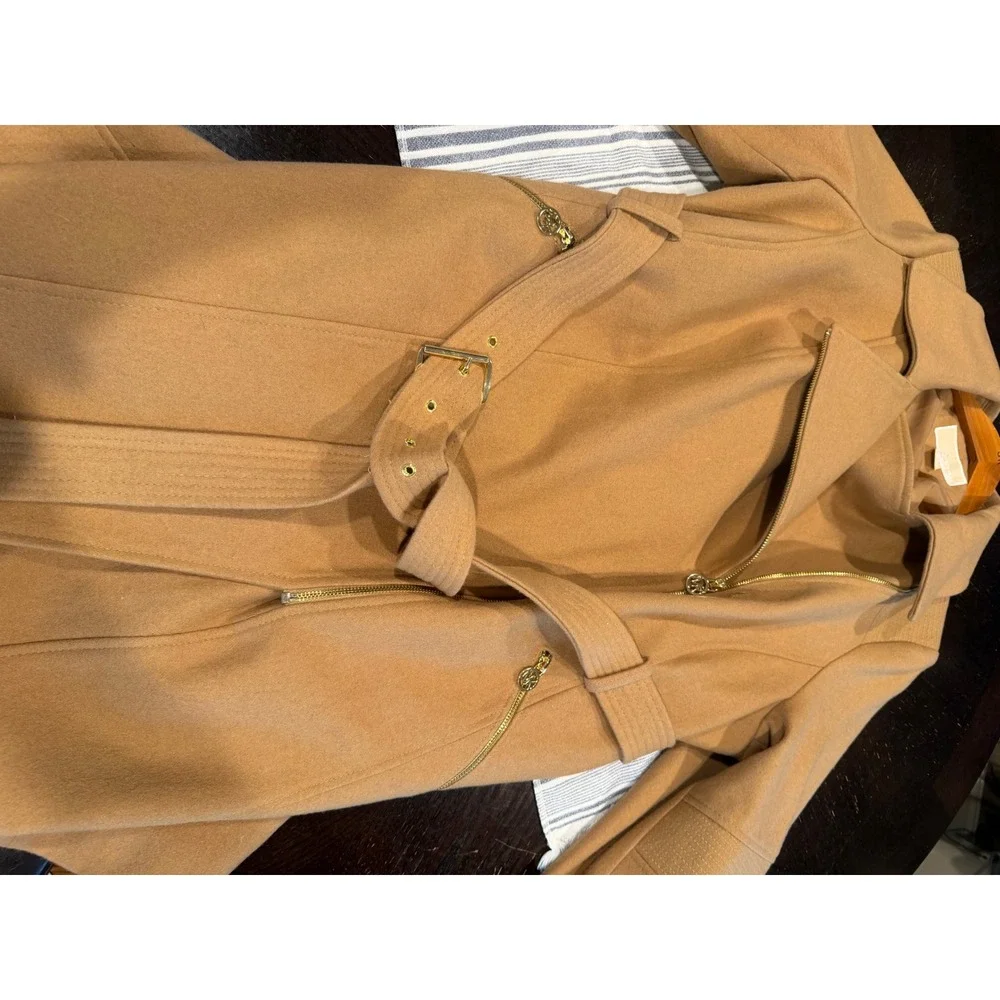 Michael Kors Womens Camel Asymmetrical Zip Belted Wool Blend Coat 2X